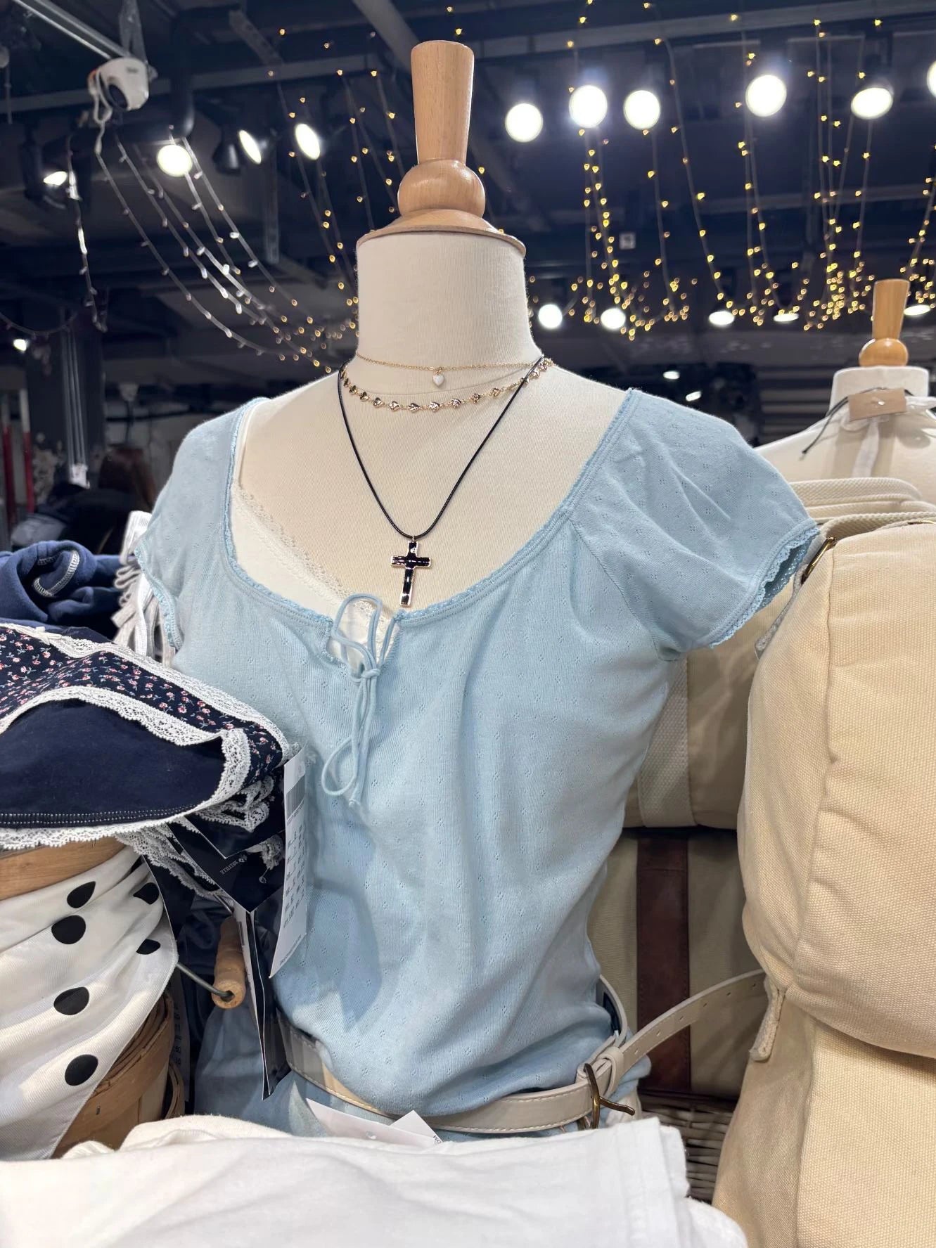 Blue Eyelet Lace Trim Crop Top Women All-match Cotton Lace-up O-neck Short Sleeve Tshirts Sweet Cute Simple Cropped Tee Tops