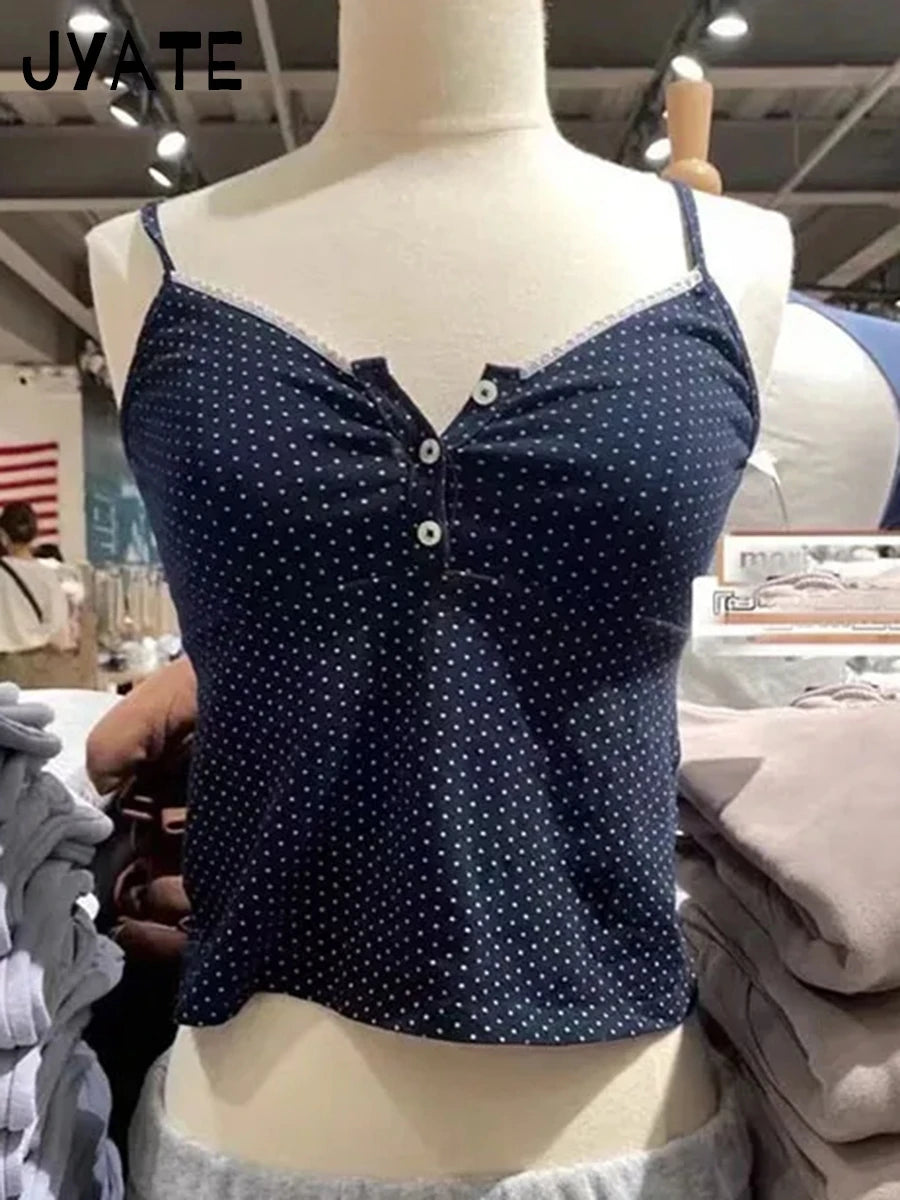 Retro Brown Lace Trim Buttons Tank Tops Women Summer V-neck Cotton Sexy Slim Sleeveless Crop Top Sweet Vintage Chic Y2K Camisole