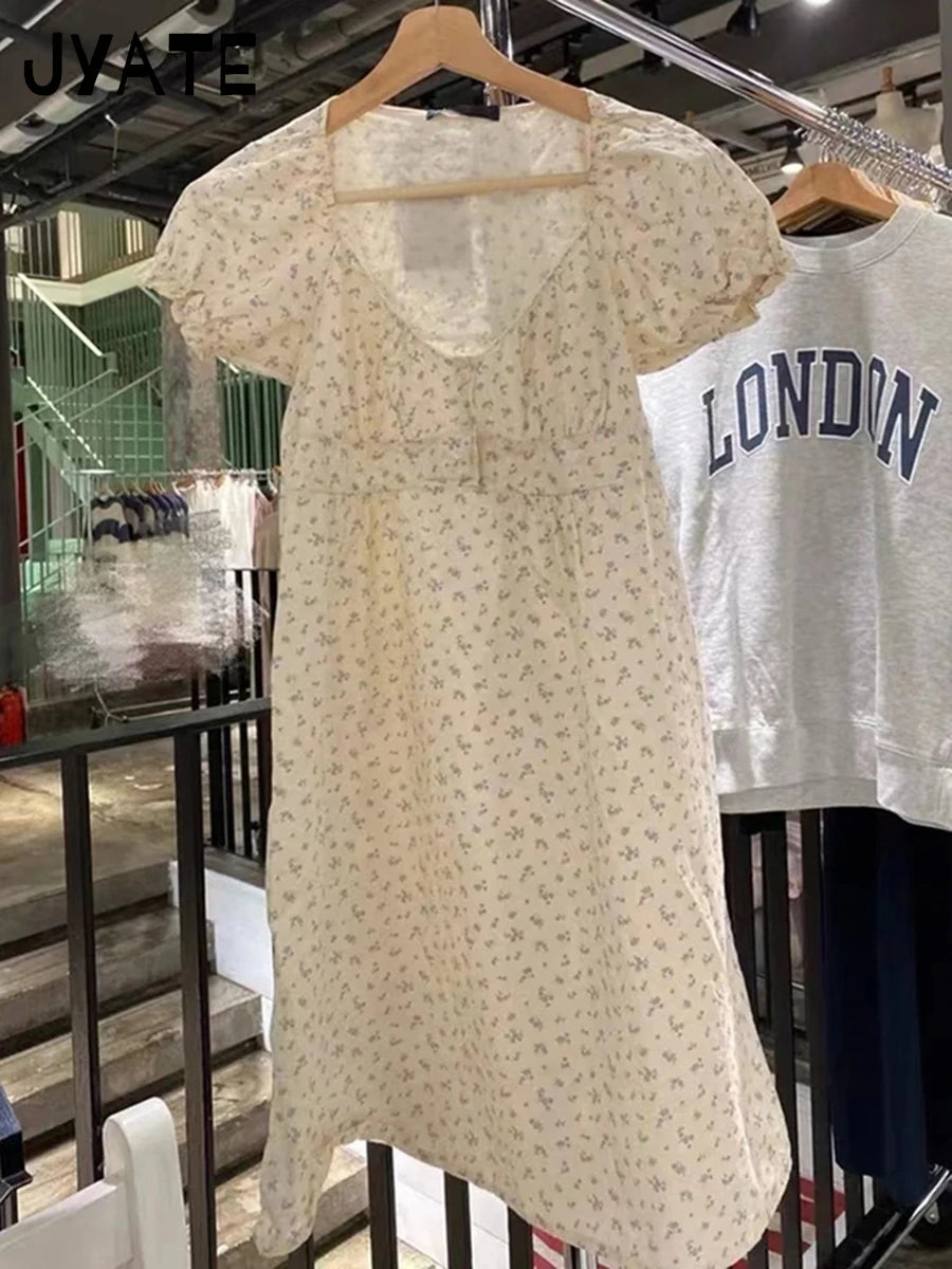 Sweet Floral Print Cotton Mini Dresses Women Summer Square Collar Cotton Soft Puff Sleeve Dress Cute Vintage Chic Lace Vestidos