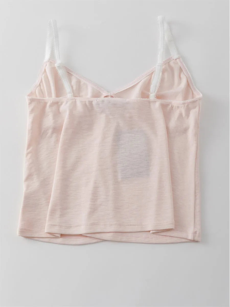 Pink Lace Trim V-neck Bow Tank Tops Women Summer New Casual Cotton Slim Sleeveless Bow Camisole Sweet Cute Preppy Style Crop Top