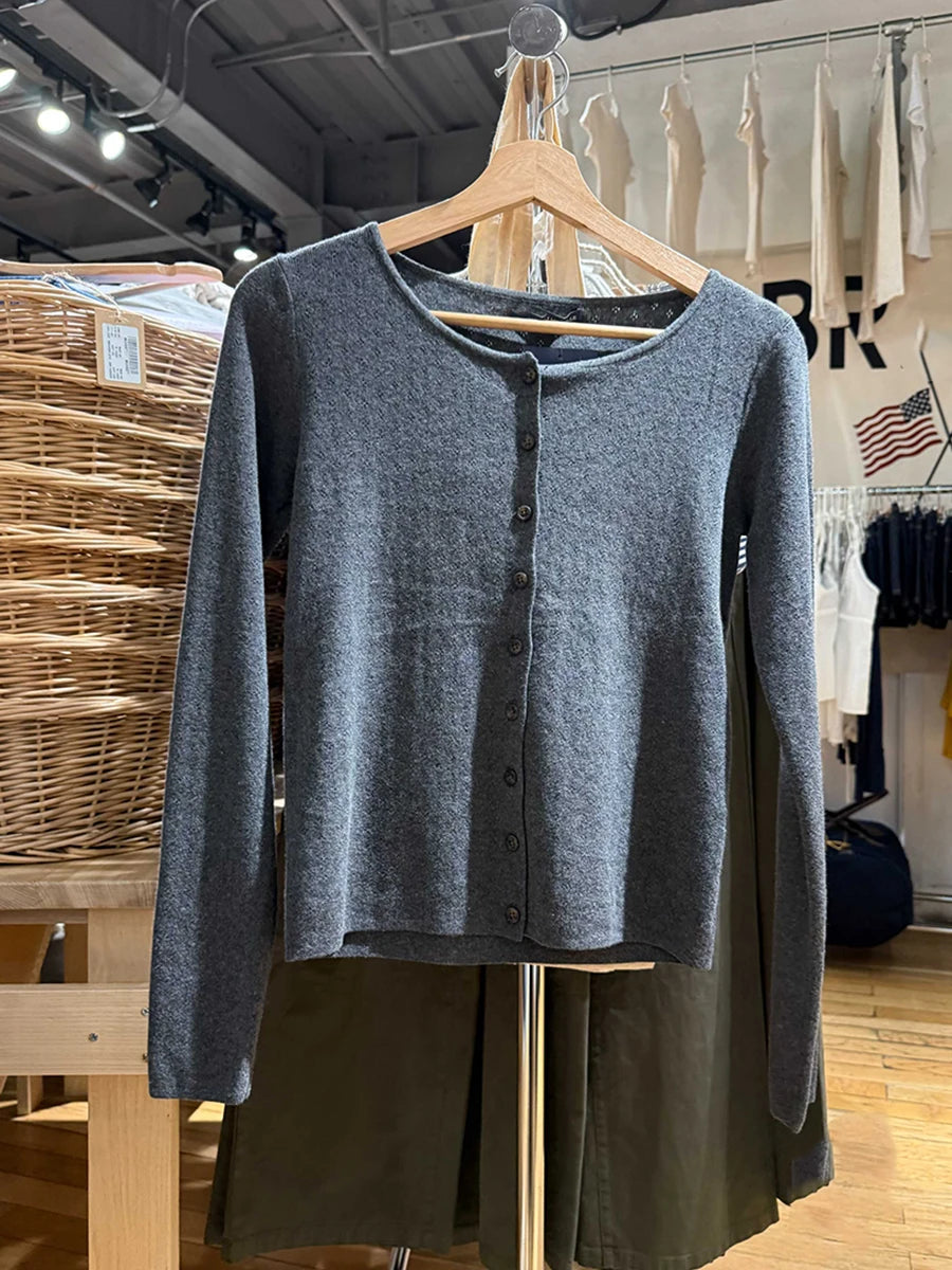 Brown Eyelet Knitted Cardigan Women Autumn New Casual Cotton Long Sleeve Sweater Coat Female Vintage Simple Basic Sweaters Tops