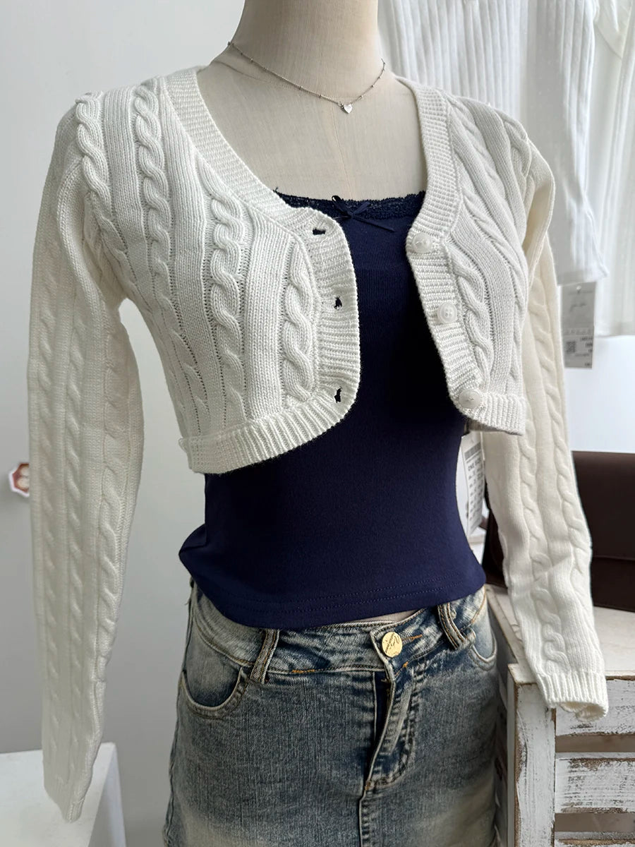 Twisted Flower Cropped Knitwear Women Cotton  V-neck Long Sleeve Slim Crop Tops Sweater Sweet Vintage Chic Zoa Cardigan