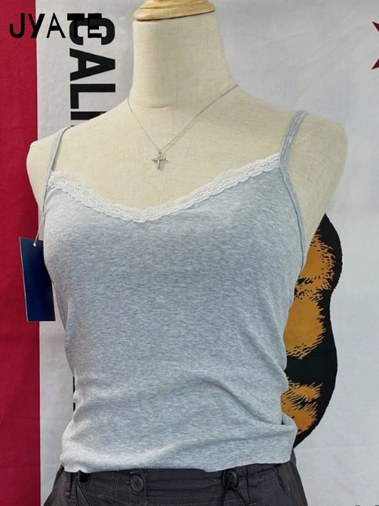 Simple Lace Trim V-neck Camisole Women New Cotton Soft Basic Casual Slim Sexy Sleeveless Vests Sweet Cute Vintage Tank Tops Y2K