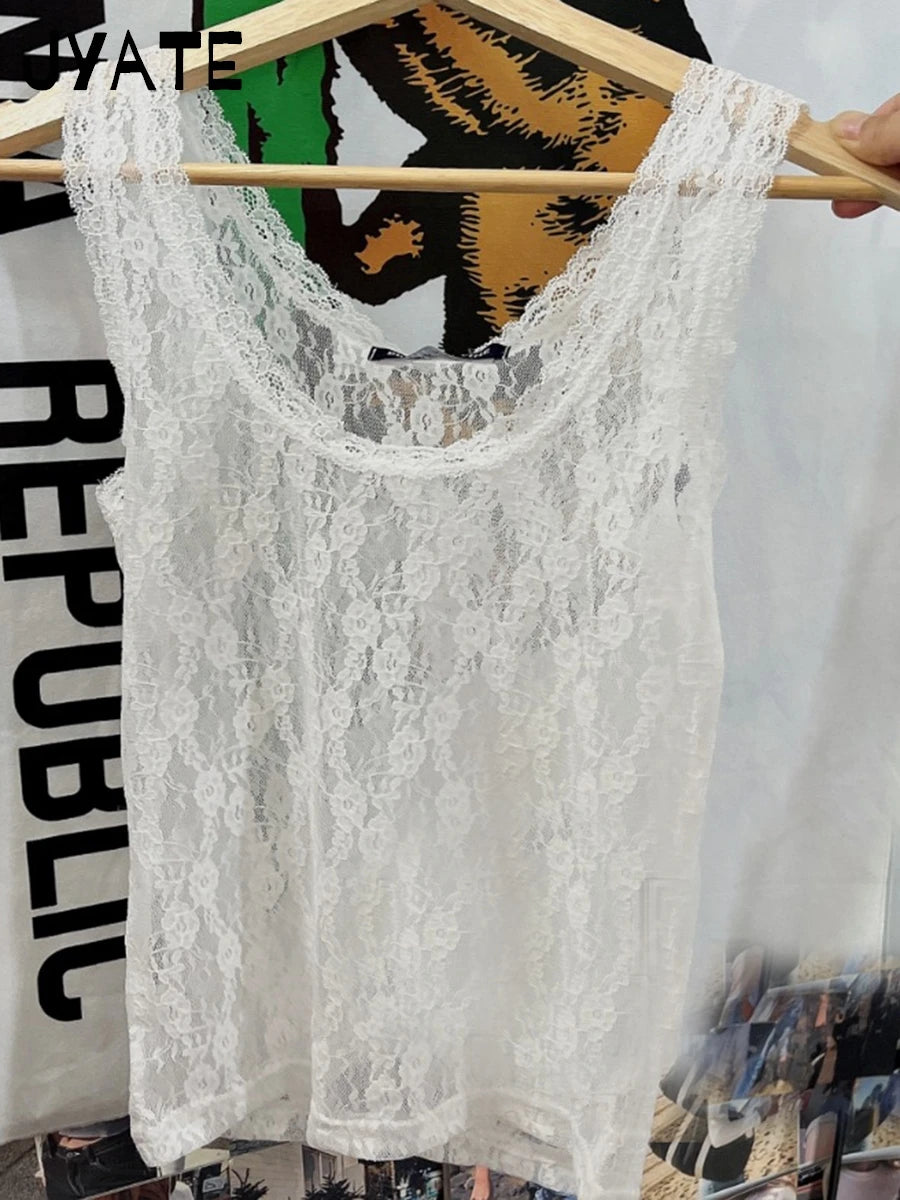 Sexy Solid U-neck Lace See Through Tank Tops Women Summer Casual Simple Sleeveless Vests Female New Vintage Sweet Crop Tops Y2K