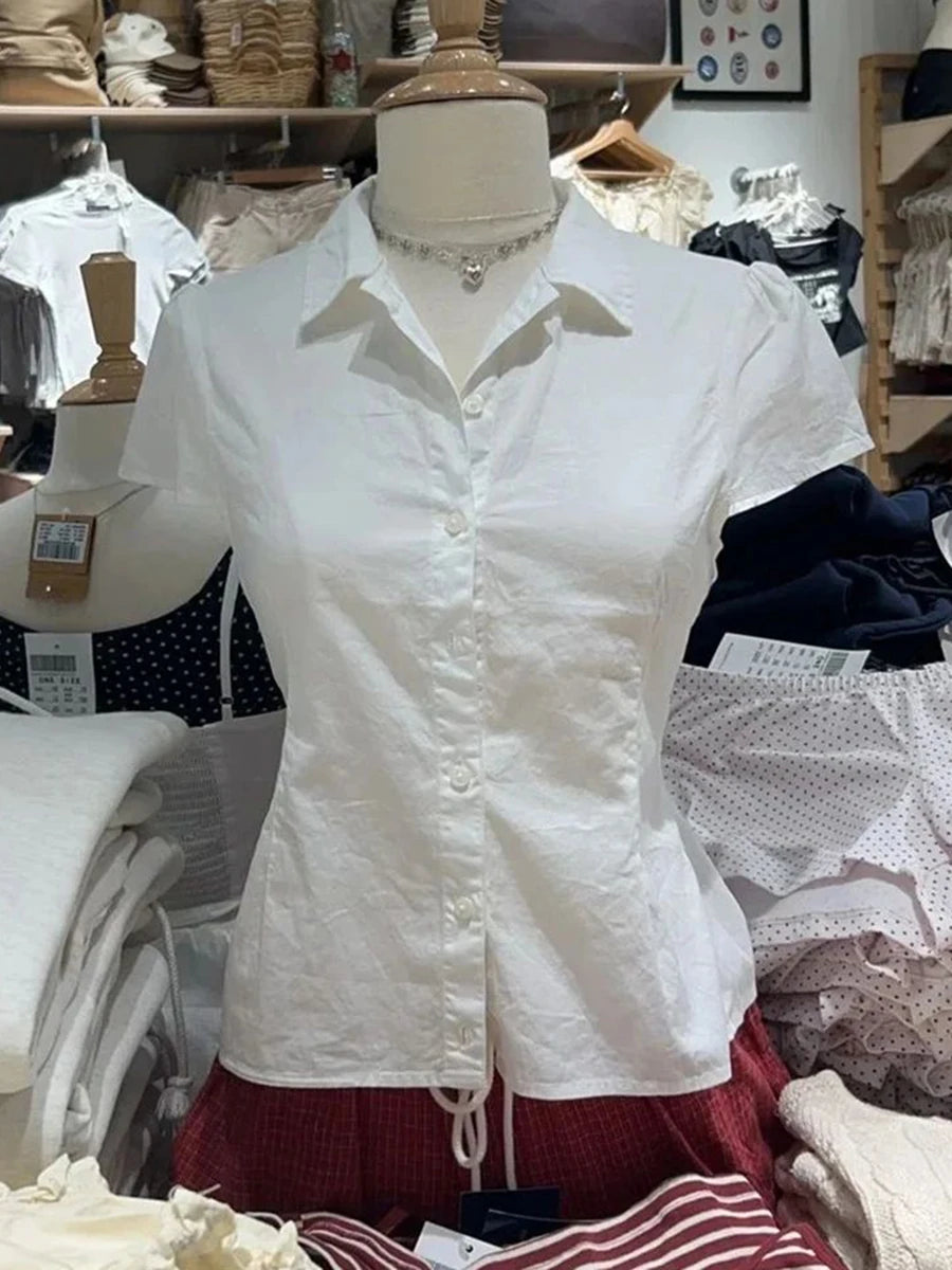 Blue Striped Button Blouse Women Summer New Streetwear Casual Lapel Short Sleeve Tees Sweet Cute Preppy Style T-shirts Y2K Tops