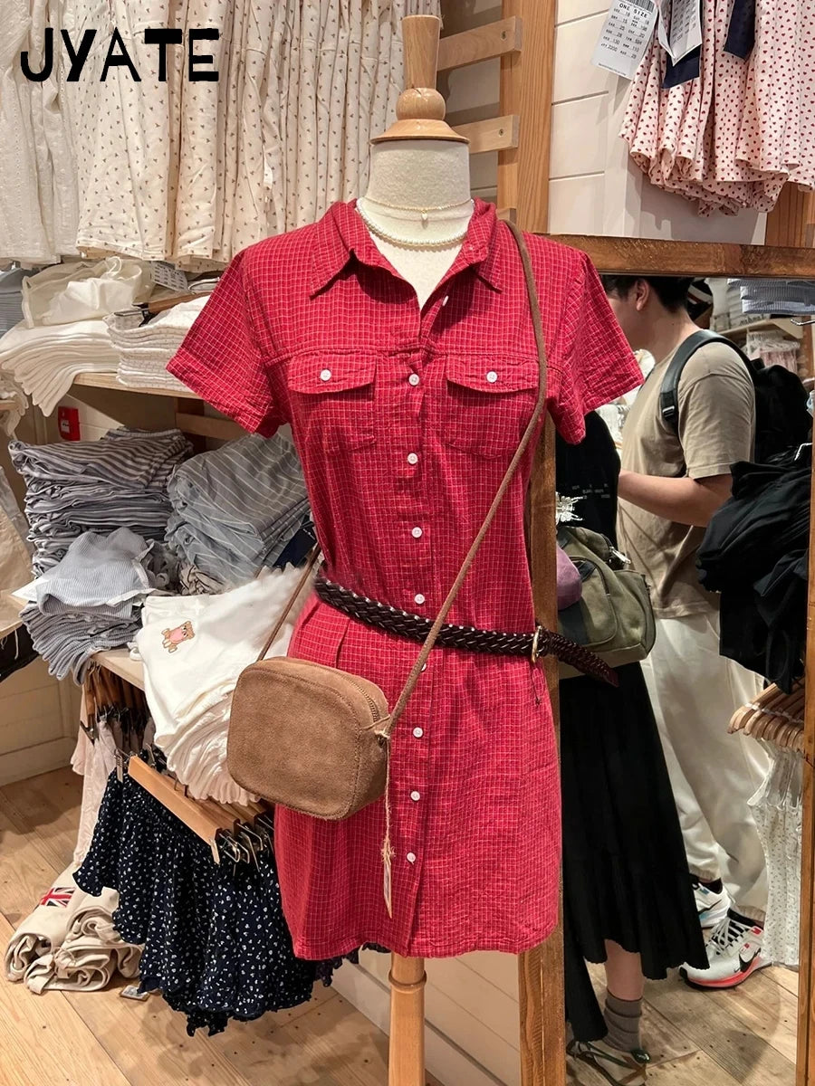 Retro Red Plaid Pockets Shirt Dresses Women New Turn Down Collar Single Breasted Short Sleeve Vestidos Sweet Vintage Mini Dress
