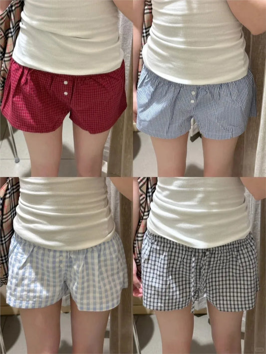 Plaid Buttons Home Shorts Women Summer Cotton Elastic High Waist Short Pants Sweet Vintage Harajuku Straight Sweatshorts Y2K