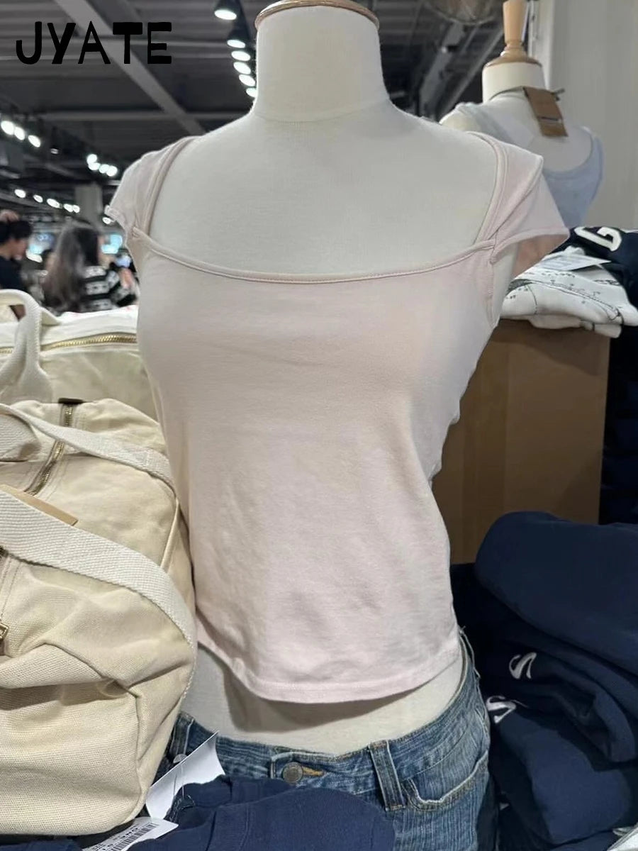 New Sweet Pink Cotton Crimping Short Sleeve Tees Women Summer Casual Simple Square Collar Crop Tops Vintage Basic Y2K T-shirts