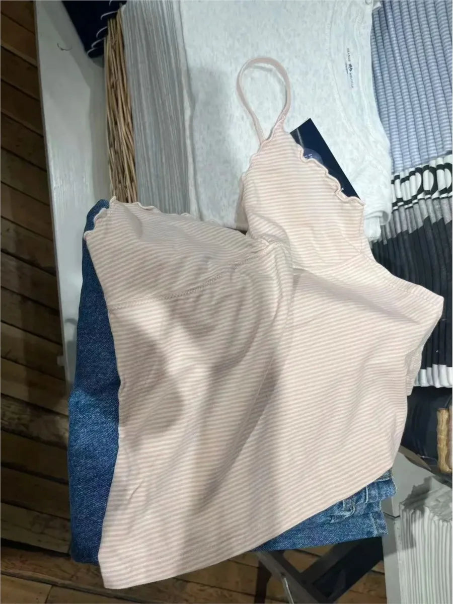 Pink Striped Fungus Tank Shorts Pajama Sets Women New V-neck Slim Camisole+eyelet Sweatshorts Sweet Cotton Home 2 Piece Outfit