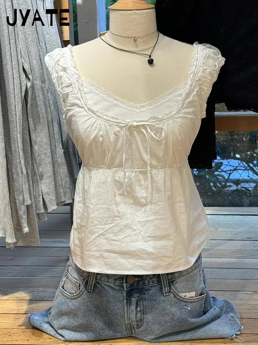 New Lace Trim Strap Cotton Short Sleeve Tees Female Casual Simple Sexy White Crew Neck Tops Clothes Sweet Cute Chic T-shirts Y2K