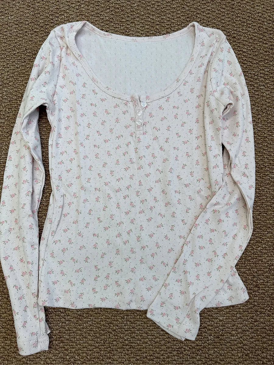 Floral Zelly T-shirts Women Spring Casual Simple Cotton Soft Button Long Sleeve Tees Sweet Cute Preppy Style Tshirt