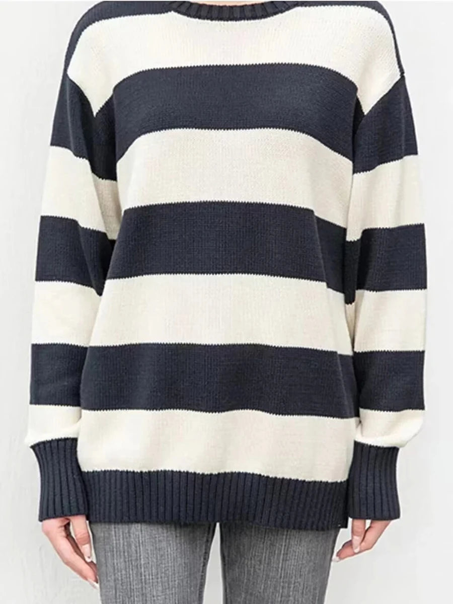 Striped Thick Knitted Jumpers Women Autumn O-neck Fashion Casual Streetwear Loose Pullovers Tops Chic Vintage Sweet Y2K Sweaters