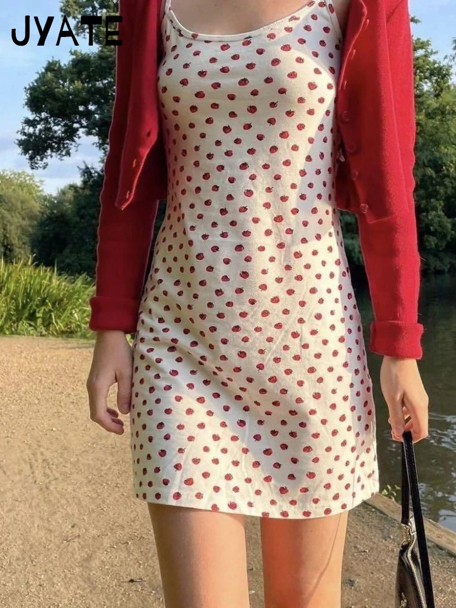 Sweet Strawberry Print Slim Mini Dress Women Summer New Street Preppy Style Cotton Sleeveless Vestidos Cute Chic Vintage Dresses