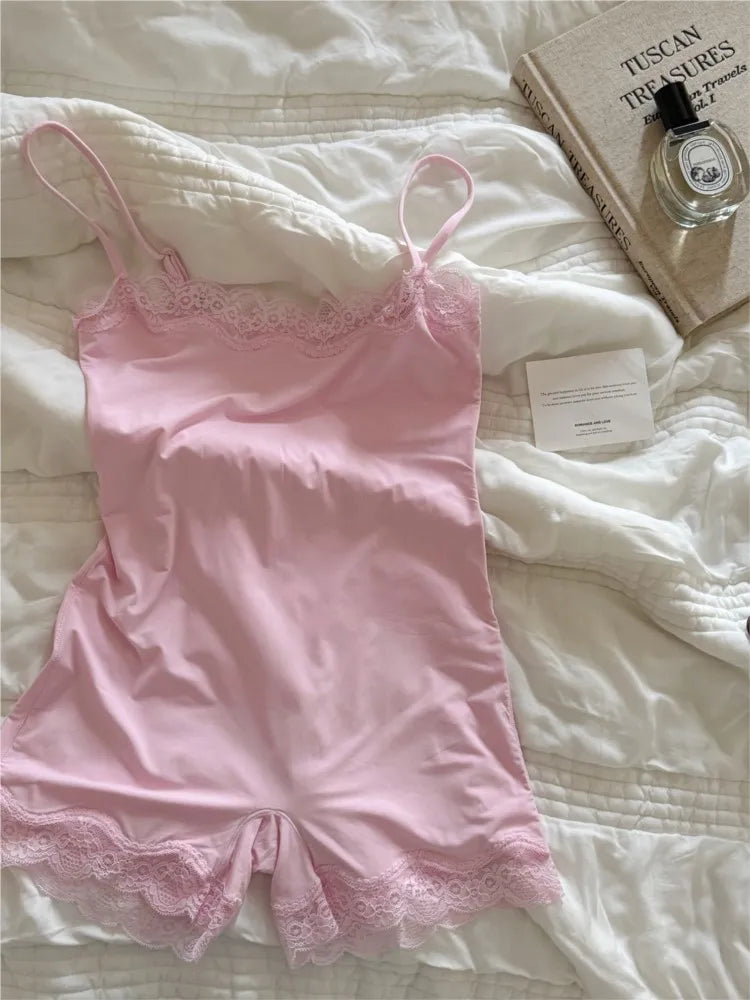 Pink Lace Trim Slim Playsuits Woman Chic High Elasticity Adjustable Strap Skinny Bodysuit Fashion Simple Smooth One-piece Tops