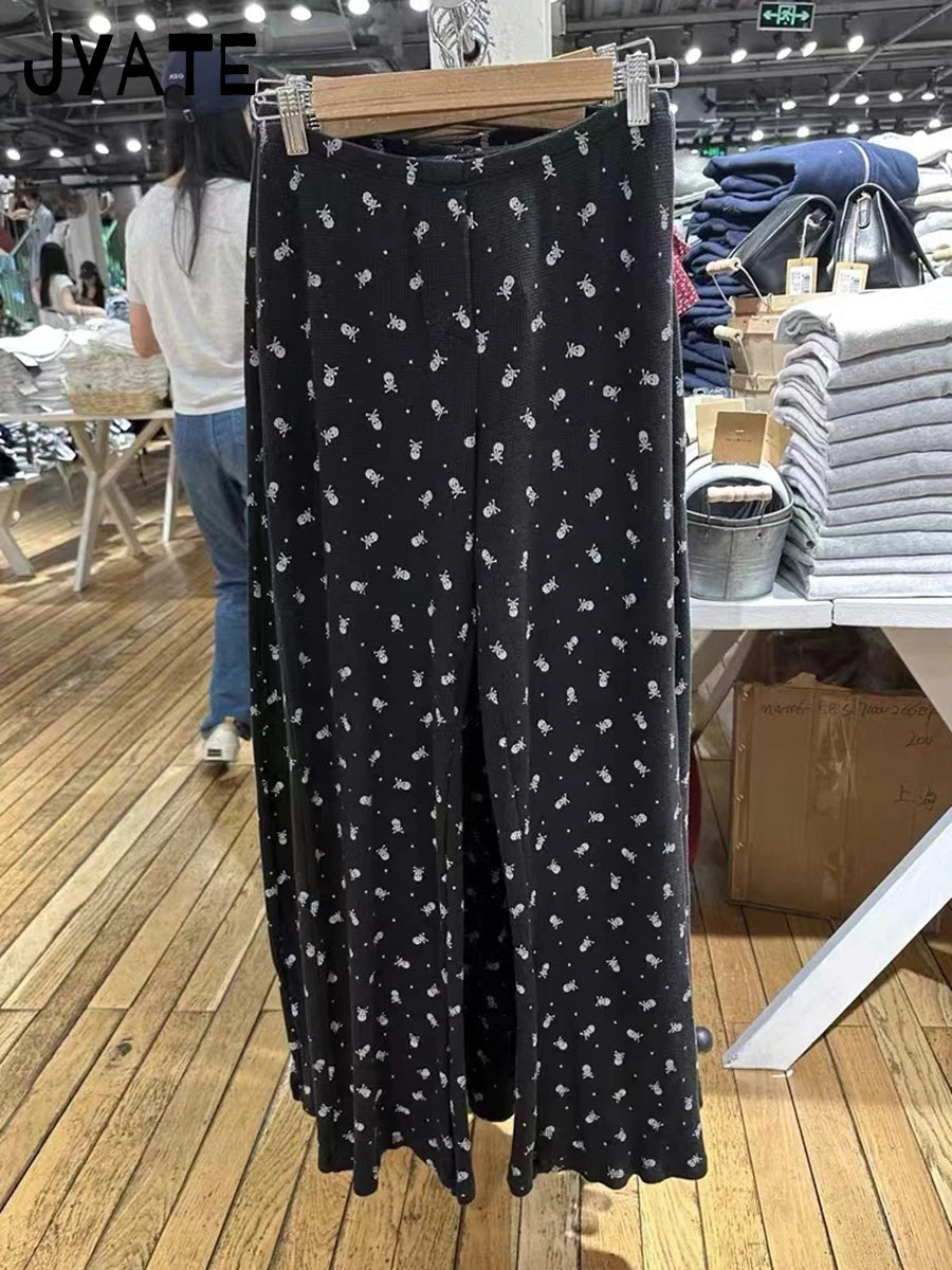 Harajuku Black Skulls Print Waffle Long Pants Women New Casual Elastic High Waist Straight Pant Vintage Preppy Chic Trousers Y2K