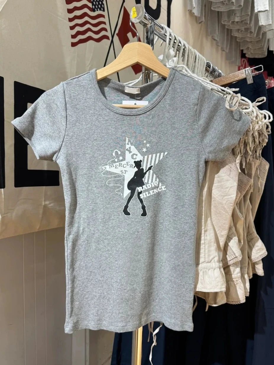 New Girl Guitarist Print T-shirt Woman Summer Round Neck Cotton Short Sleeve Tshirt Female Sweet Preppy Style OOTDS Tee Shirts
