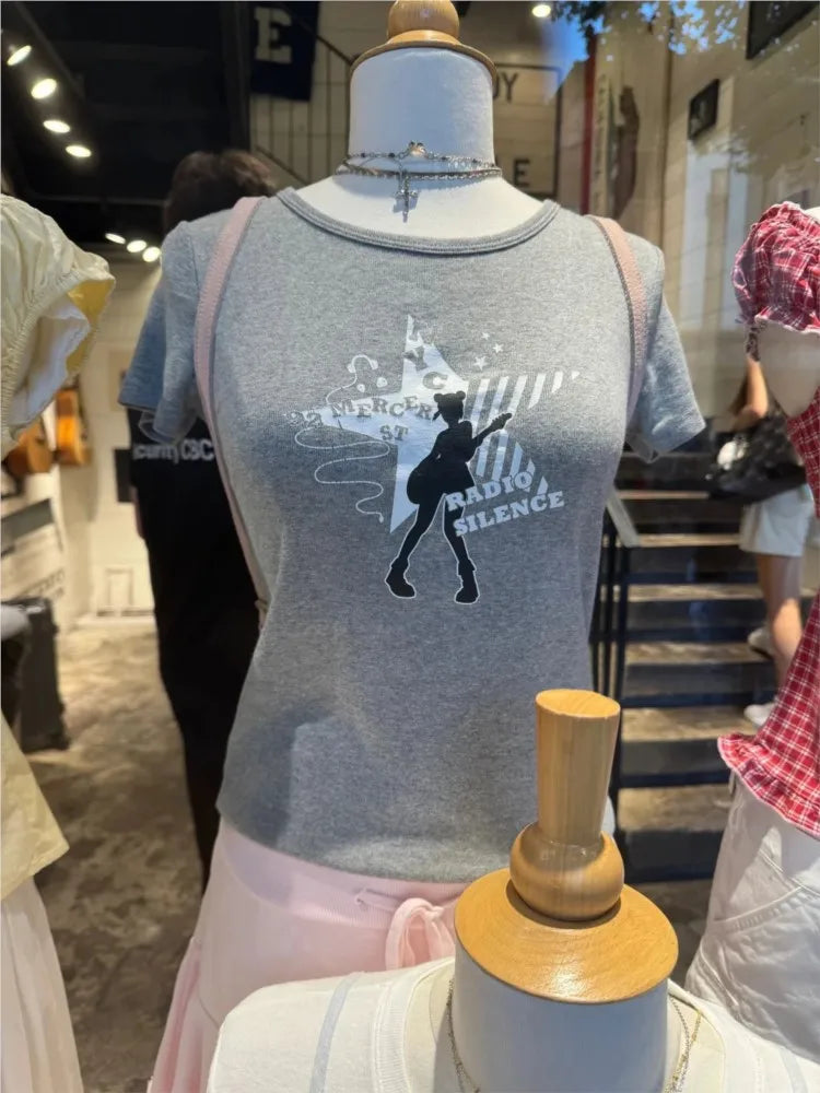 New Girl Guitarist Print T-shirt Woman Summer Round Neck Cotton Short Sleeve Tshirt Female Sweet Preppy Style OOTDS Tee Shirts