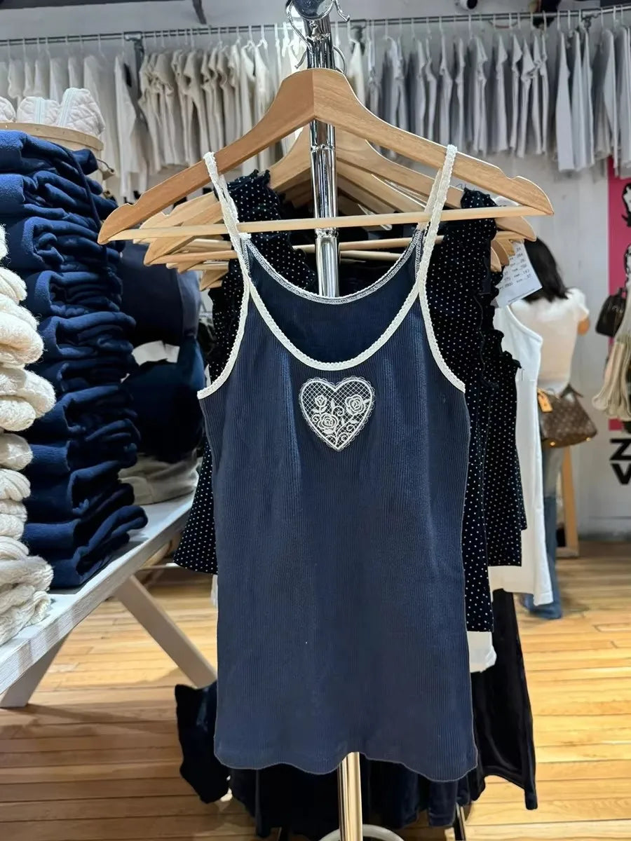 New Flower&Heart Embroidery Navy Tank Top Woman Summer Lace Trim U Collar Cotton Slim Camisole Female Vintage Sweet Camisole Y2K