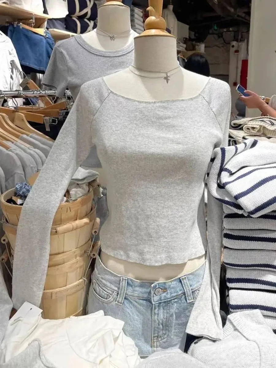 Red Sexy Slash Neck Crop Tops Women 2024 New Cotton Ribbed Harajuku Long Sleeve Tees Vintage Simple Basic T-shirts Y2K