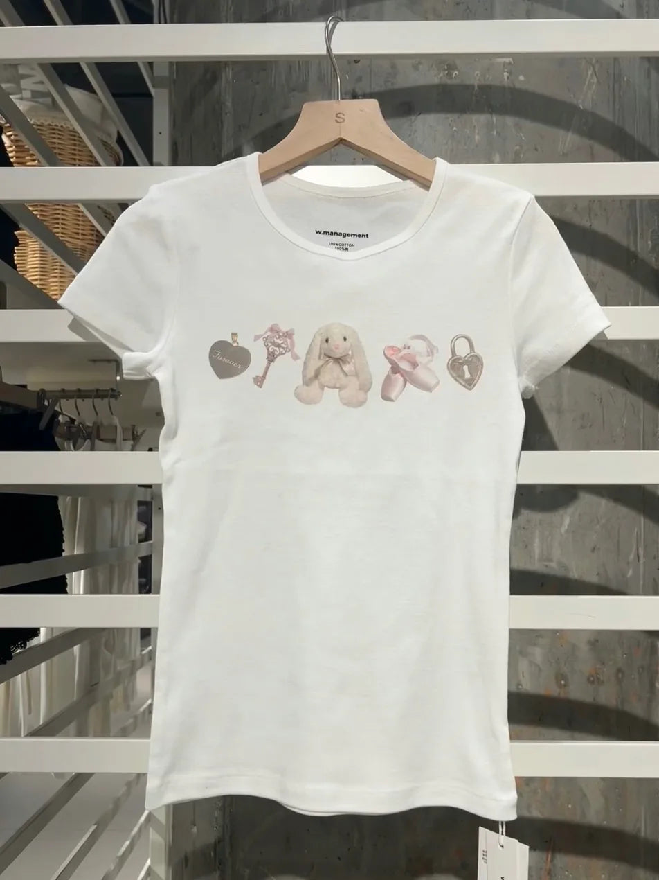 Ballet Girl Rabbit Print T-shirt Woman Summer New Casual Round Neck Cotton Short Sleeve Tees Y2K Sweet Cute Slim Tops for Women