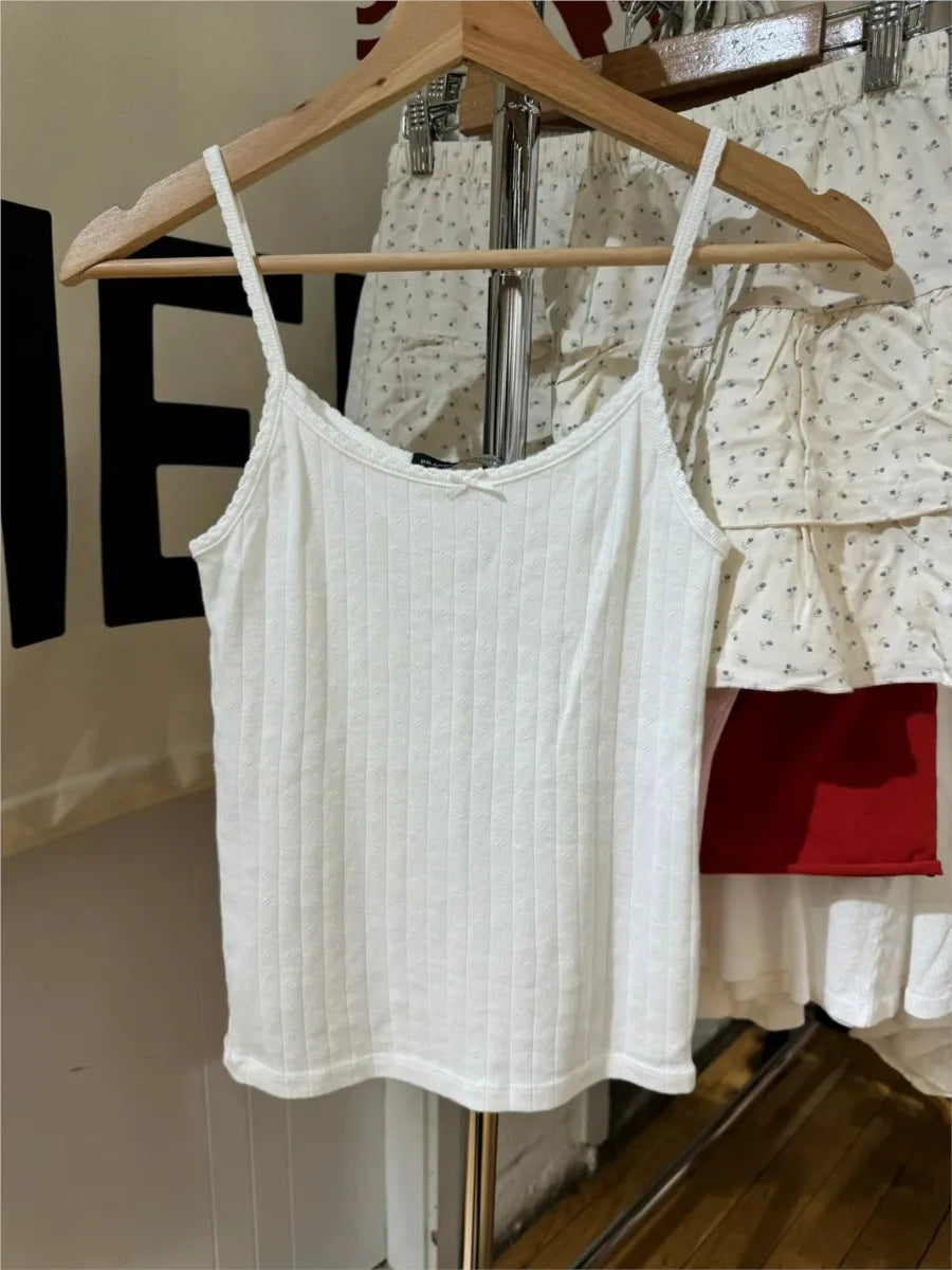 Sweet Lace Trim Eyelet White Slim Tank Tops Women Summer Bow Sleeveless Cotton Preppy Style Camisole Vintage Cute Basic Tops Y2K