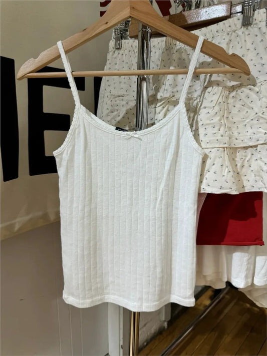Sweet Lace Trim Eyelet White Slim Tank Tops Women Summer Bow Sleeveless Cotton Preppy Style Camisole Vintage Cute Basic Tops Y2K