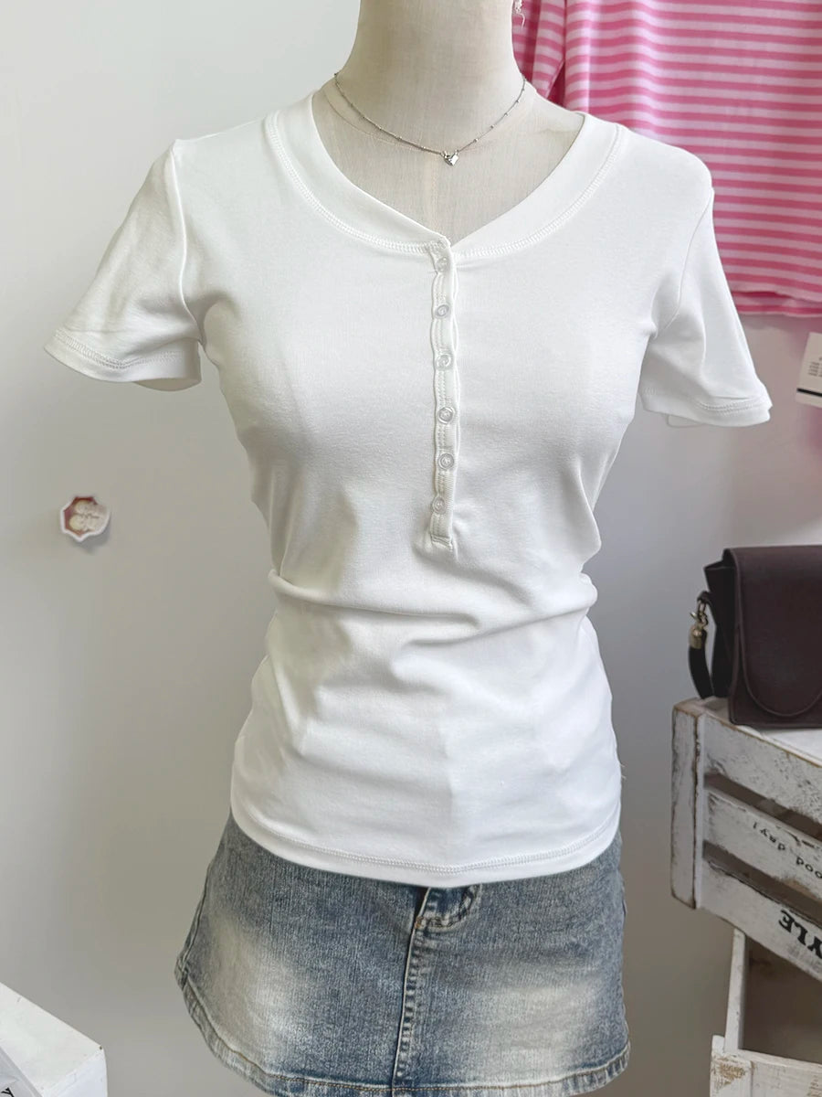 Sweet Six Buttons T-shirts Women Summer OrangeO-neck Cotton Slim Zelly Short Sleeve Tee Tops Casual Simple All-match Tshirts Y2K