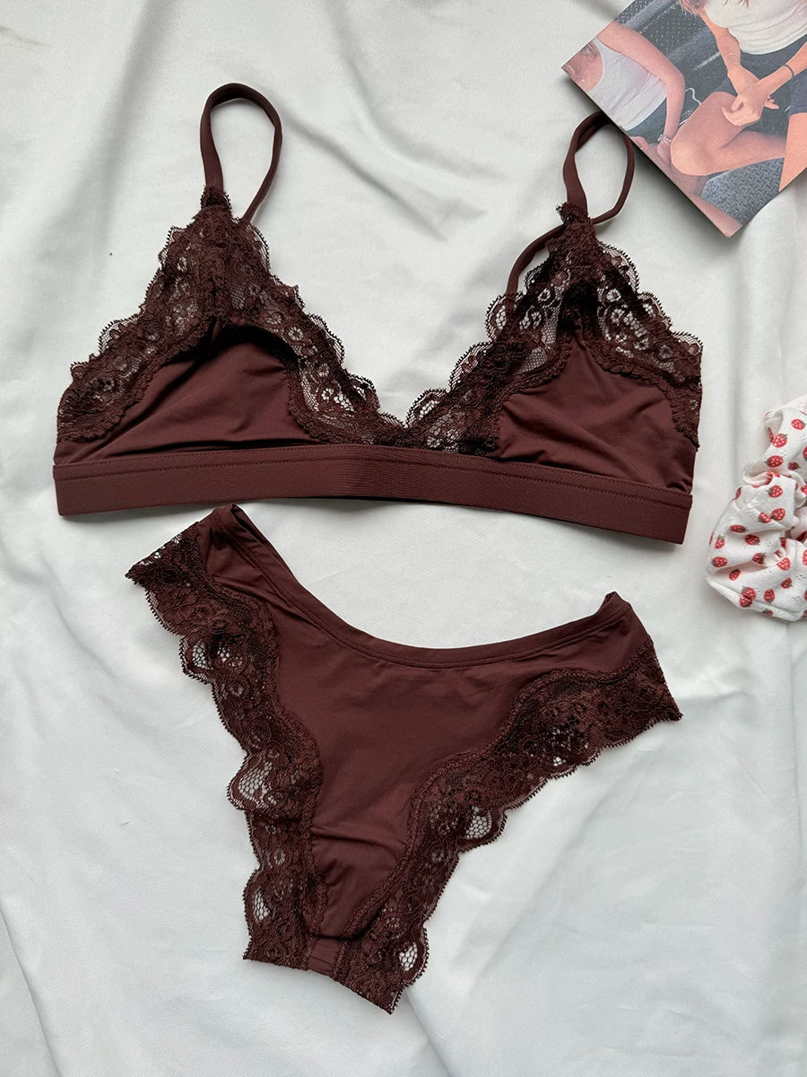 Pink Lace Bra Set Woman Adjusted-strap Seamless Bras+Low Waist Panties Female Casual Simple Solid High Elasticity Lingerie Sets