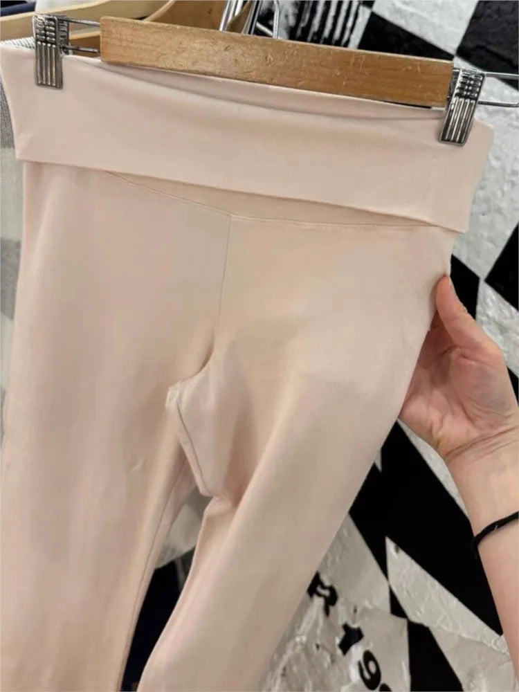 Sweet Flip up Pink Skinny Yoga Pants Women Autumn Elastic Cotton Long Flare Pants Female Casual Preppy Style Y2K Sport Trousers