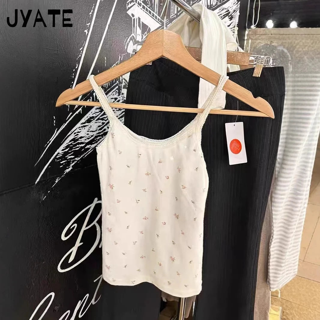 Sweet Lace Trim Slim Tank Tops Women Summer New Casual Pink Floral Print Cotton Sleeveless Vests Preppy Style Cute Camisole Y2K