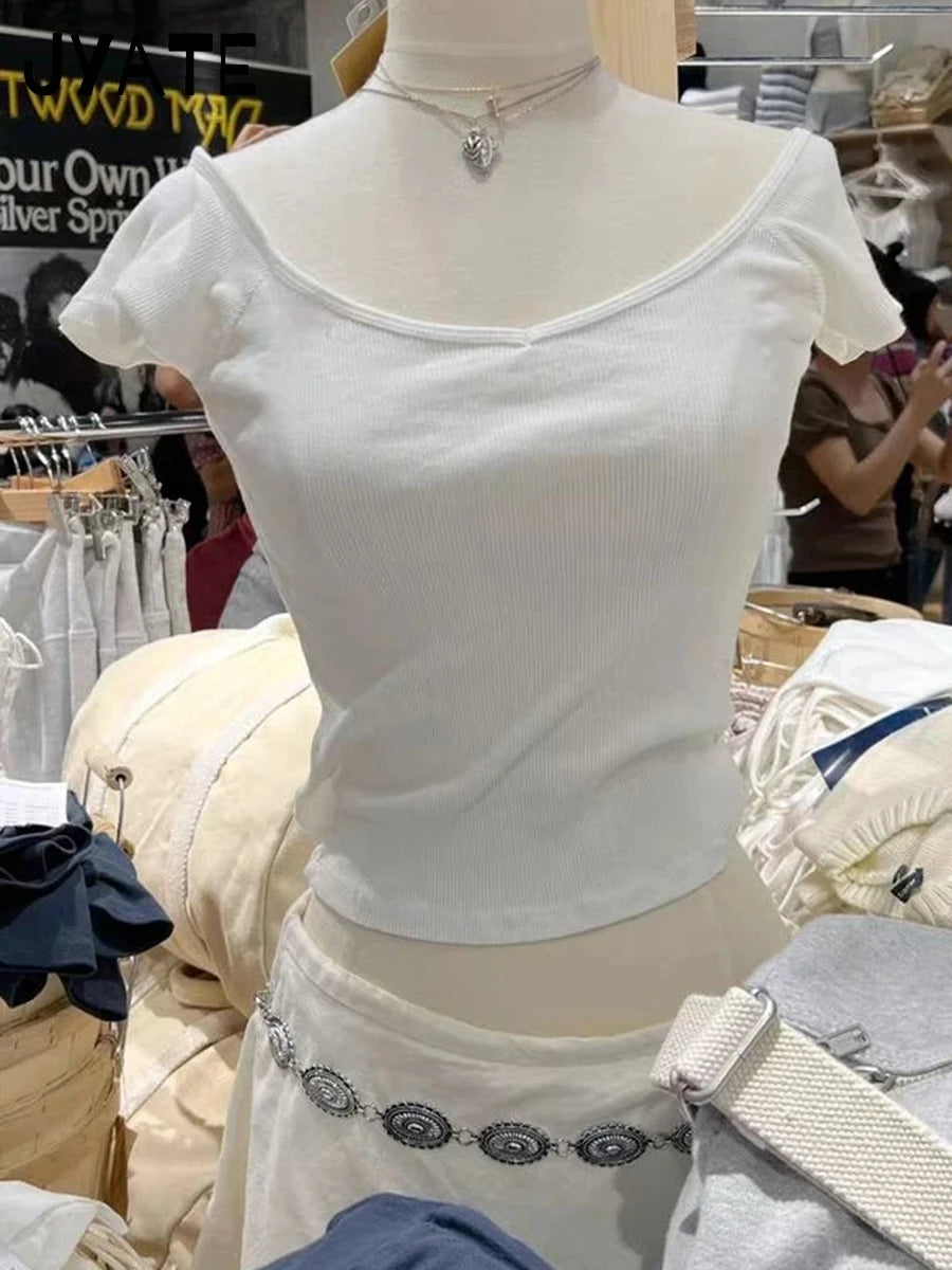Simple Basic V-neck Ribbed Short Sleeve Tees Women Summer New Slim Sexy Cotton Casual Tops Vintage Preppy Chic T-shirts Y2K 2024