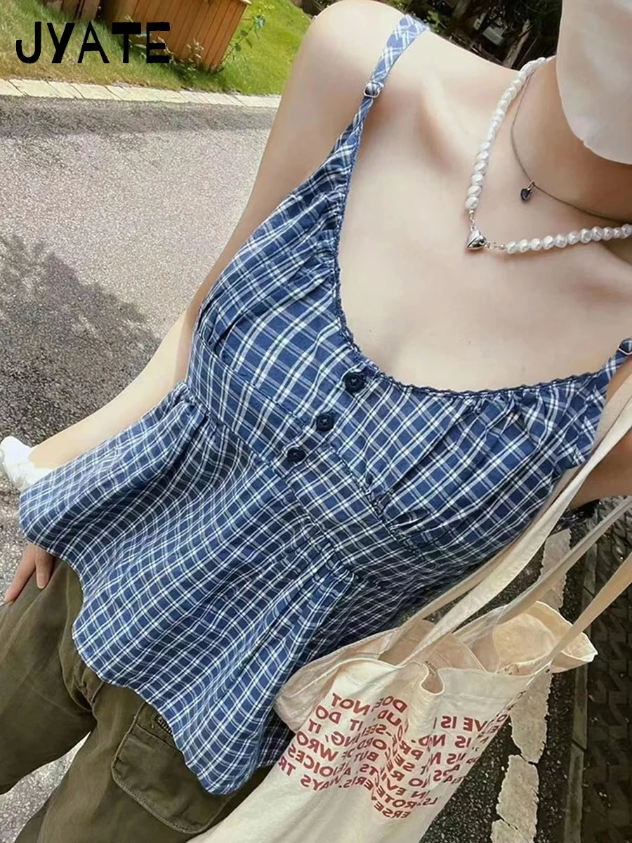 Retro White Lace Trim Blue Plaid Tank Tops Women New Buttons Back Lace-up Sleeveless Vests Vintage Chic Sweet Blouse Camis Y2K