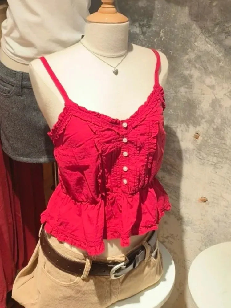 Blue Hollow Out Strappy Tank Tops Women Summer New Cotton Slim Ruffles Buttons Cropped Vests Y2K Sweet Cute Streetwear Camisole