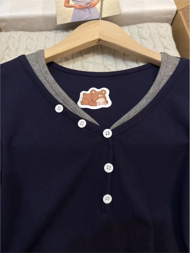 Navy Buttons V-neck T-shirts Women Autumn New Casual Cotton Slim Patchwork Long Sleeve Tees Fashion Chic Vintage Tshirt Y2K Tops