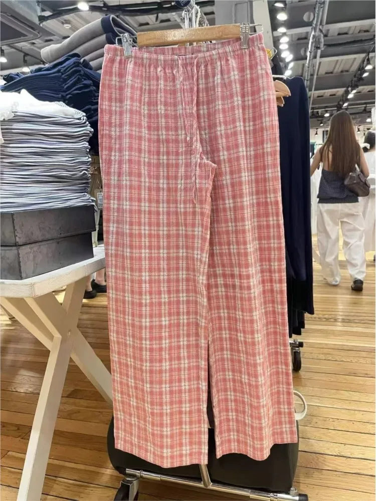 Cute Pink Plaid Drawstring Straight Sweatpant Women Summer Y2K Cotton Linen Casual High Waist Trousers Sweet Home Long Pants New