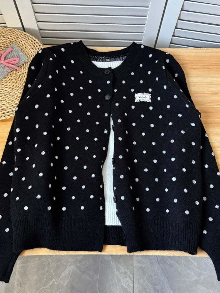Sweet Polka Dot Knitted Cardigan Women Autumn Casual O-neck Single-breasted Slim Crop Tops Vintage Preppy Style Chic Sweaters