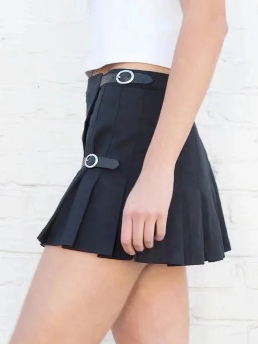 Fashion Solid Buckle Pleated Skirts Women Streetwear Aestjetic Chic Preppy Sexy Low Waist Mini Skirt Vintage Sweet Cute Faldas