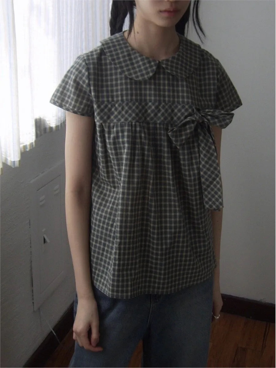 Retro Plaid Bow Lace-up T-shirts Blouse Women Summer New Korean Streetwear Doll Collar Short Sleeve Tees Vintage Sweet Cute Tops