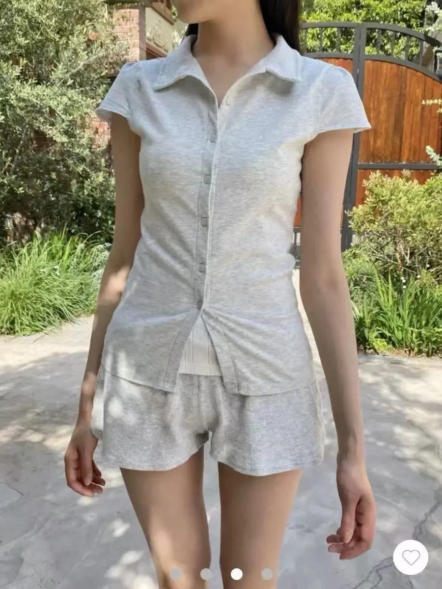 Simple Gray Cotton Soft Short Sleeve Tees Women Summer Turn Down Collar Preppy Style Tops Blouse Sweet Chic All-match T-shirts