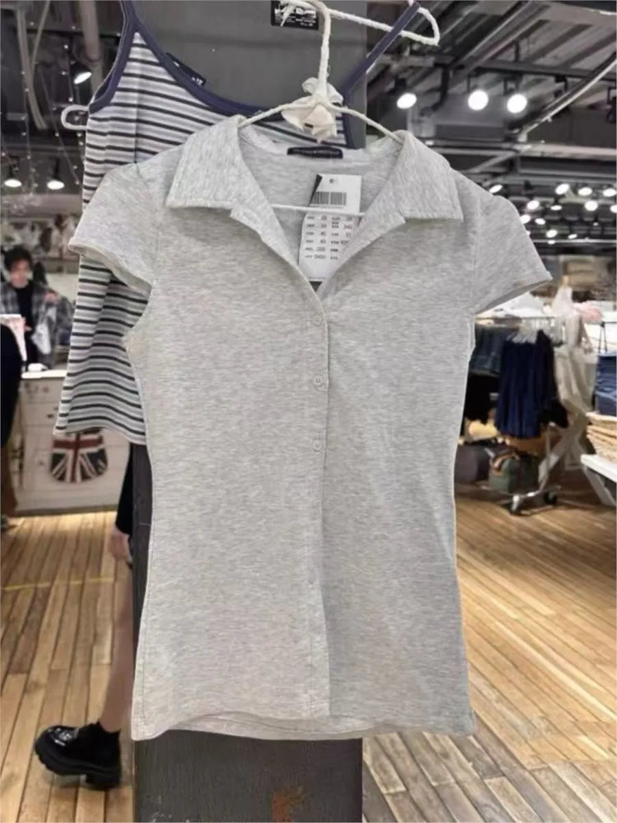 White Buttons Short Sleeve Tees Women Summer Cotton Soft Turn Down Collar Preppy Style Tops Blouse Sweet Chic All-match T-shirts