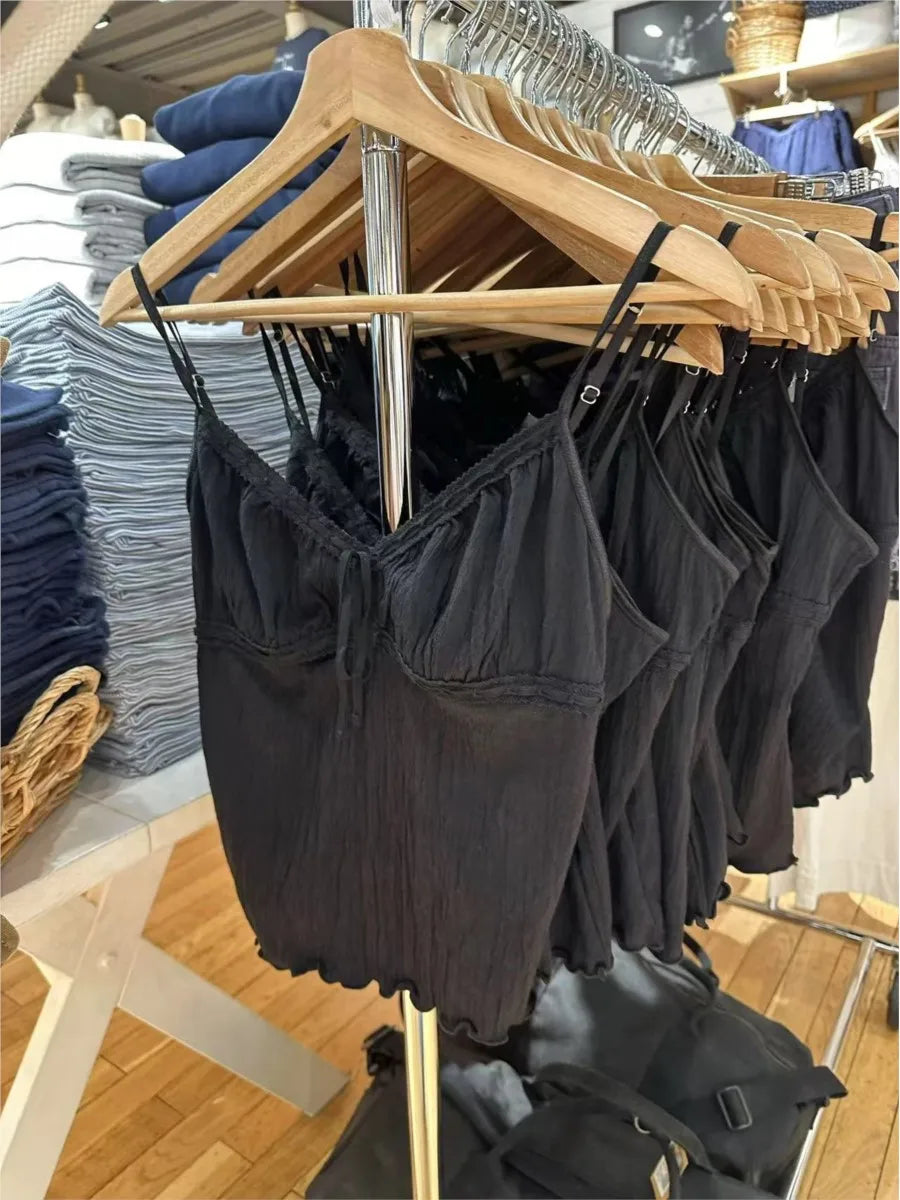 Black Folds V-neck Tank Tops Women Summer New Harajuku Sexy Casual Slim Lace-up Sleeveless Vests Sweet Preppy Style Camis Y2K