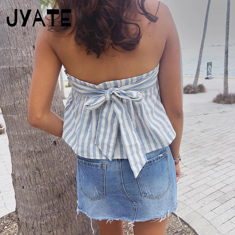 Fashion Blue Striped Straps Halter Neck Camisole Women Summer New Casual Simple Sleeveless Vest Vintage Sweet Chic Tank Tops Y2K