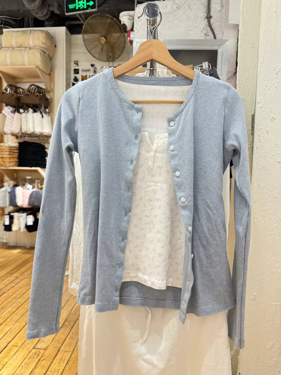 Yellow Eyelet Slim Long Sleeve T-shirt Women Preppy Style O-neck Single Breasted Cotton Tee Shirts Cute Vintage Sweet Tops Y2K