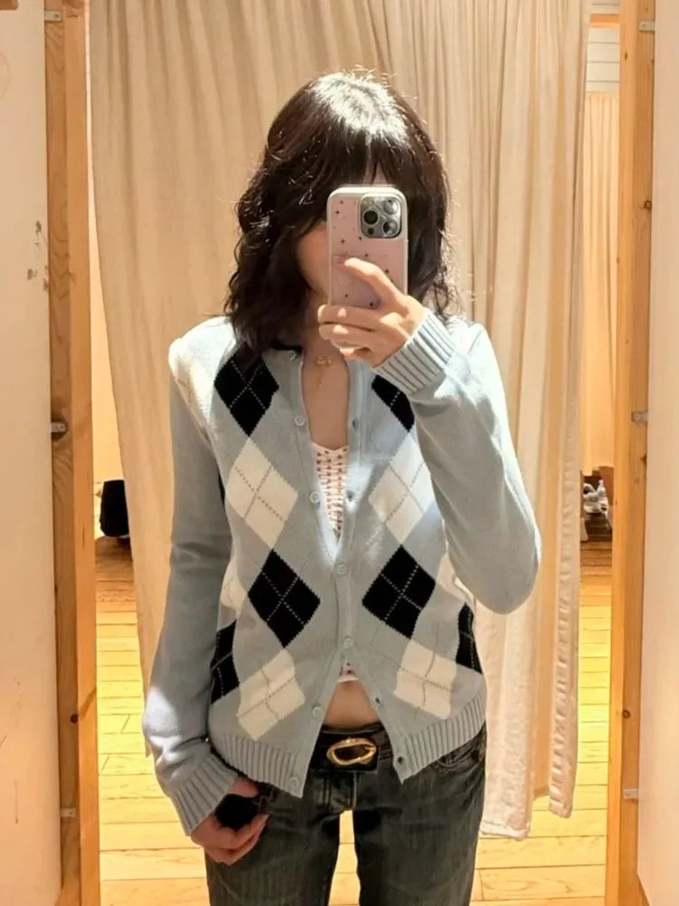 Diamond Jacquard Button Sweater Coat Women Autumn New Casual Slim Cotton O-neck Casual Jumper Tops Sweet Preppy Style Cardigan
