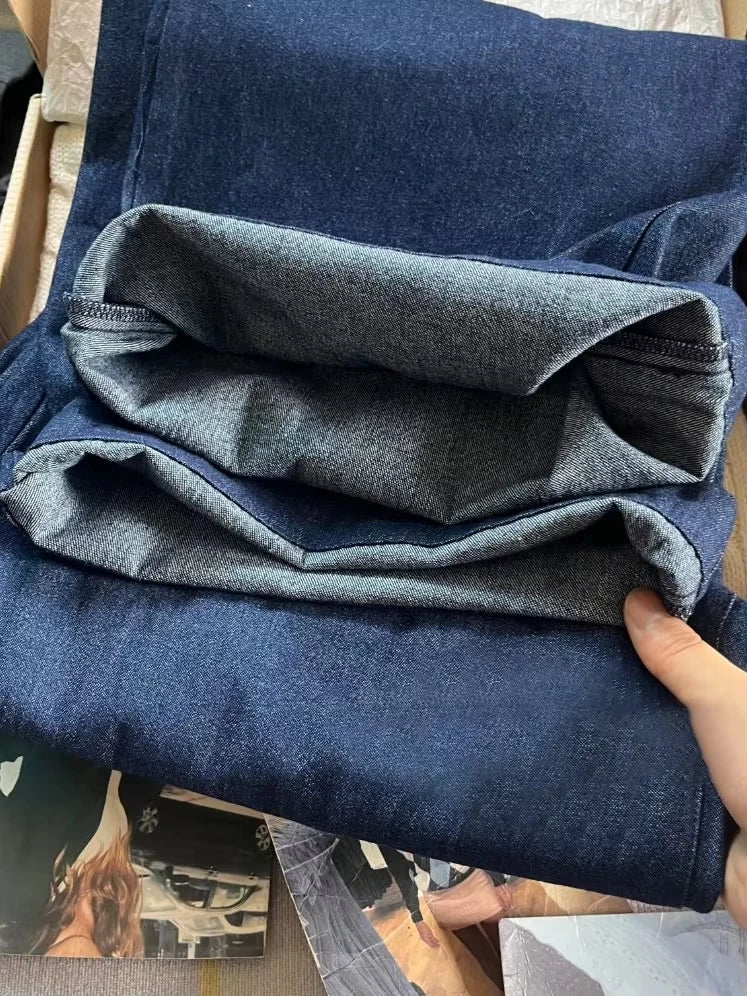 Vintage Drawstring Straight Jeans Women Summer Cotton Denim Long Pants Female Casual Streetwear All--match Deep Blue Trouser Y2K