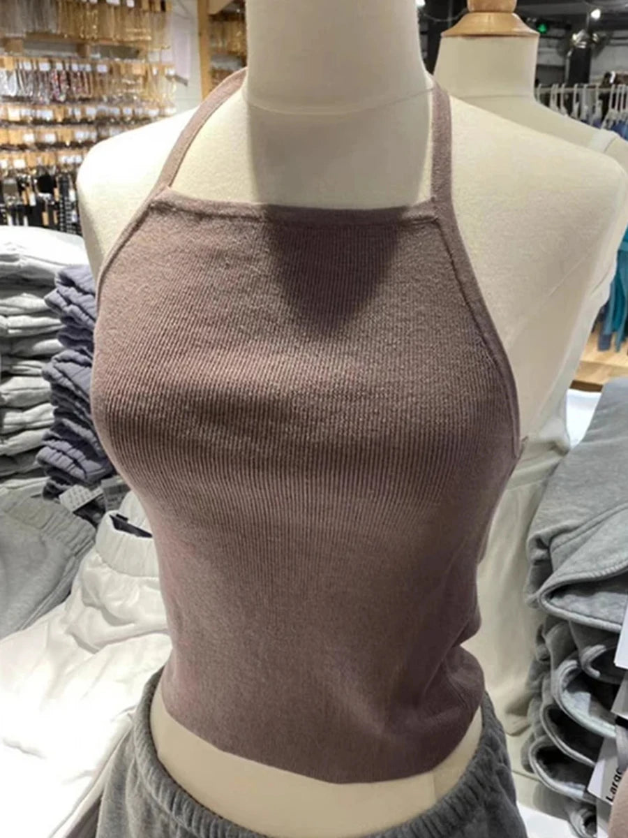 Fashion Solid Knitted Slim Camis Women New Cotton Sexy Backless Lace-up Simple Basic Crop Tops Sweet Cute Vintage Y2K Tank Tops