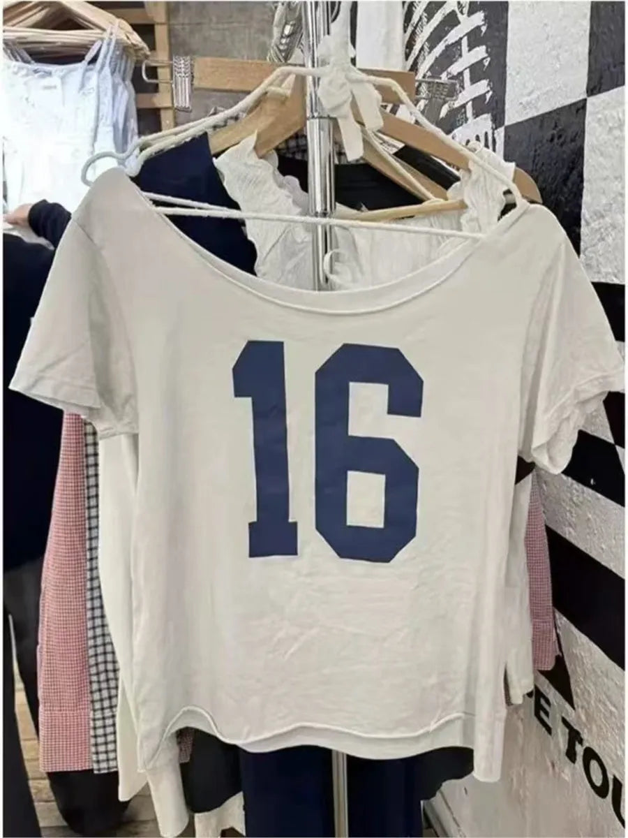 Raw Hem Slash Neck Crop Top Women Simple Ballet Shoes Print Slim Short Sleeve Tee Cute Sweet Preppy Style Cotton Tshirt Y2K