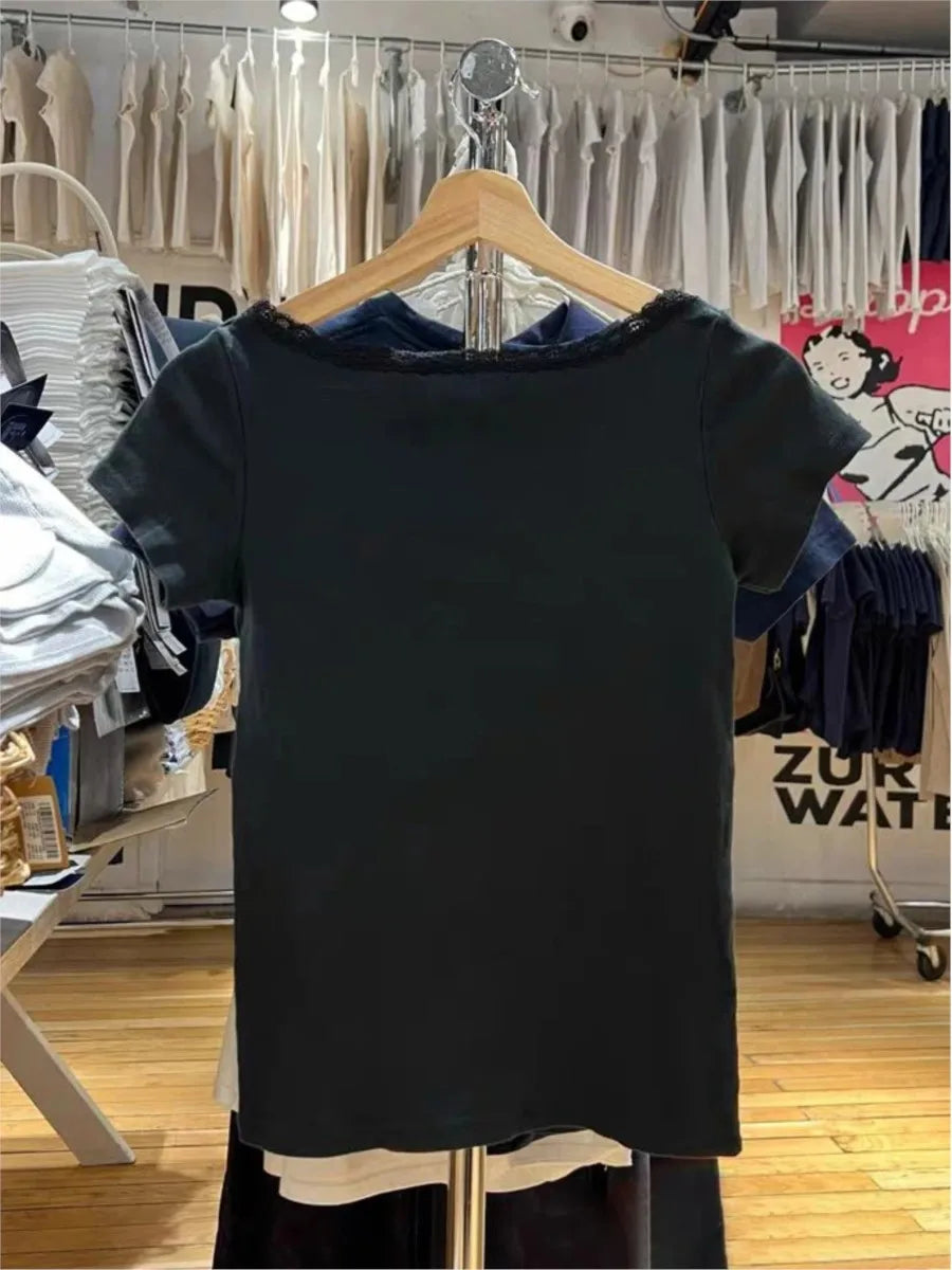 Retro Letter Print T-shirts Women New Casual Cotton Navy Slash Neck Lace Trim Tee Clothes Vintage Sweet Preppy Style TShirt Tops