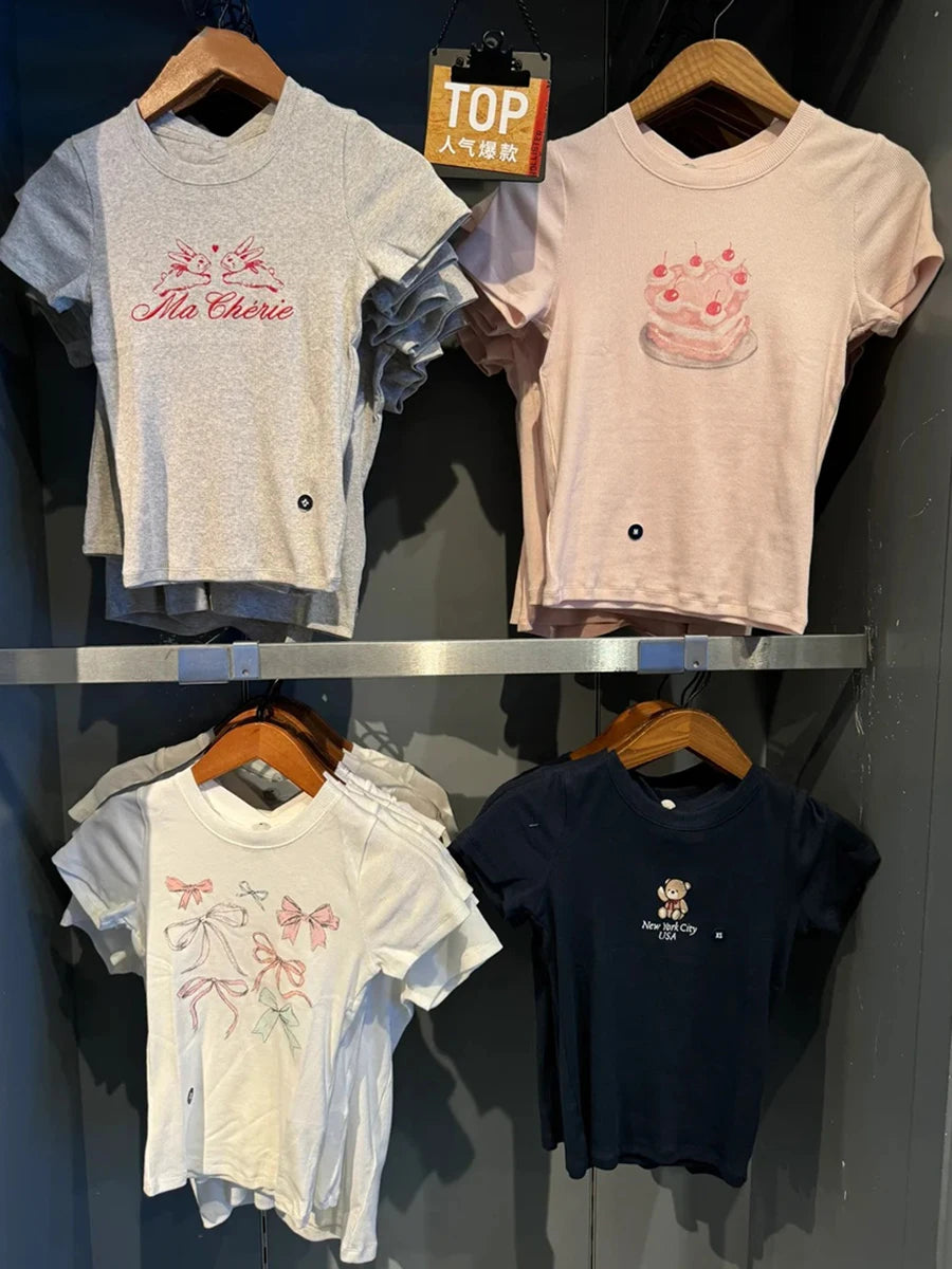 Sweet Pink Cake Graphic Ribbed T-shirt Summer New Round Neck Slim Short Sleeve Tees Women Casual All-match Cotton Crop Top Y2k
