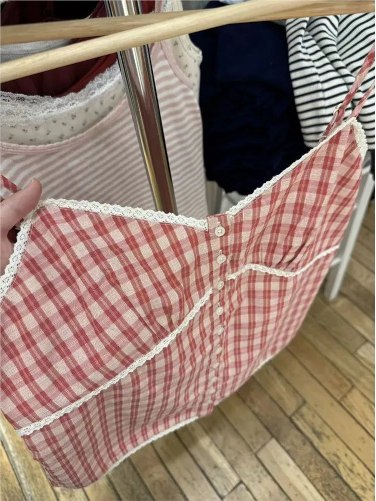 Pink Plaid Lace Trim Tank Tops Women Summer New Casual Cotton Sexy Slim Buttons Strapless Vests Sweet Vintage Cute Camisole Y2K